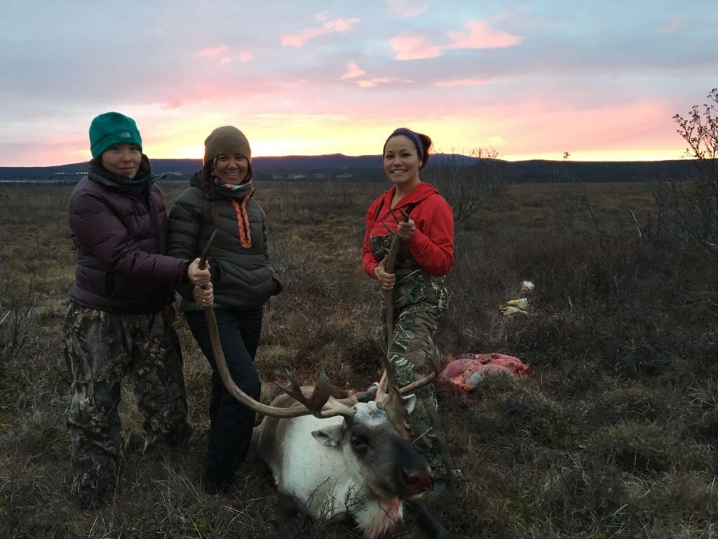 Friends Greta Schuerch, Andrea Sanders and article author Laureli Ivanoff harvested a moose during a recent camping trip. Photo credit: Laureli Ivanoff